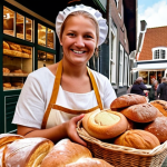 **

A bustling marketplace scene in a quaint Dutch town. Focus on the *ambachtelijk* (artisanal) bread stall, with a smiling baker handing a loaf to a customer. In the background, highlight other local vendors selling cheese, flowers, and produce. The overall atmosphere should be warm, inviting, and emphasizing the high quality and local origin of the products. Add signage in Dutch promoting the bakery and its commitment to local ingredients, using warm lighting and rustic textures.

**