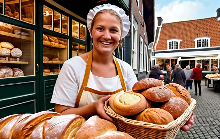 **

A bustling marketplace scene in a quaint Dutch town. Focus on the *ambachtelijk* (artisanal) bread stall, with a smiling baker handing a loaf to a customer. In the background, highlight other local vendors selling cheese, flowers, and produce. The overall atmosphere should be warm, inviting, and emphasizing the high quality and local origin of the products. Add signage in Dutch promoting the bakery and its commitment to local ingredients, using warm lighting and rustic textures.

**