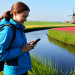 A professional-looking adult individual, fully clothed in modest, practical outdoor hiking attire including sturdy walking boots and a lightweight jacket, stands in a vibrant Dutch polder landscape with a winding ditch and distant windmills under a clear sky. The person holds a smartphone, focused on taking a close-up photo of a rare wildflower or a butterfly on a plant. natural pose, perfect anatomy, correct proportions, well-formed hands, proper finger count, natural body proportions, professional photography, high quality, sharp focus, detailed, safe for work, appropriate content, fully clothed, professional, modest, family-friendly.