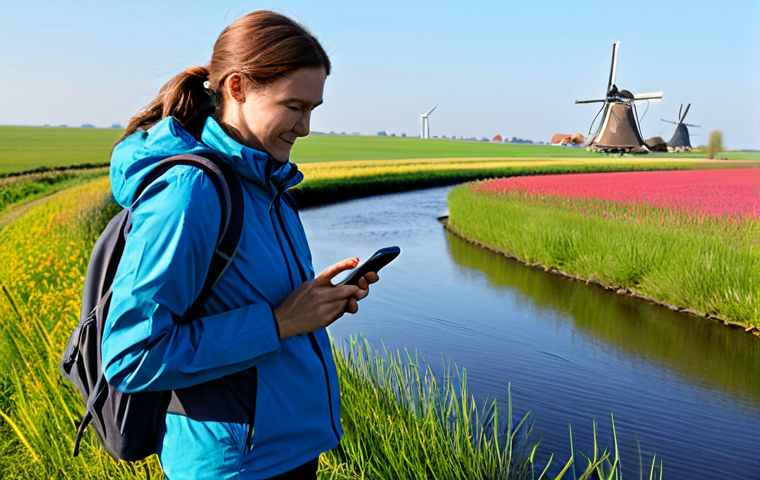A professional-looking adult individual, fully clothed in modest, practical outdoor hiking attire including sturdy walking boots and a lightweight jacket, stands in a vibrant Dutch polder landscape with a winding ditch and distant windmills under a clear sky. The person holds a smartphone, focused on taking a close-up photo of a rare wildflower or a butterfly on a plant. natural pose, perfect anatomy, correct proportions, well-formed hands, proper finger count, natural body proportions, professional photography, high quality, sharp focus, detailed, safe for work, appropriate content, fully clothed, professional, modest, family-friendly.